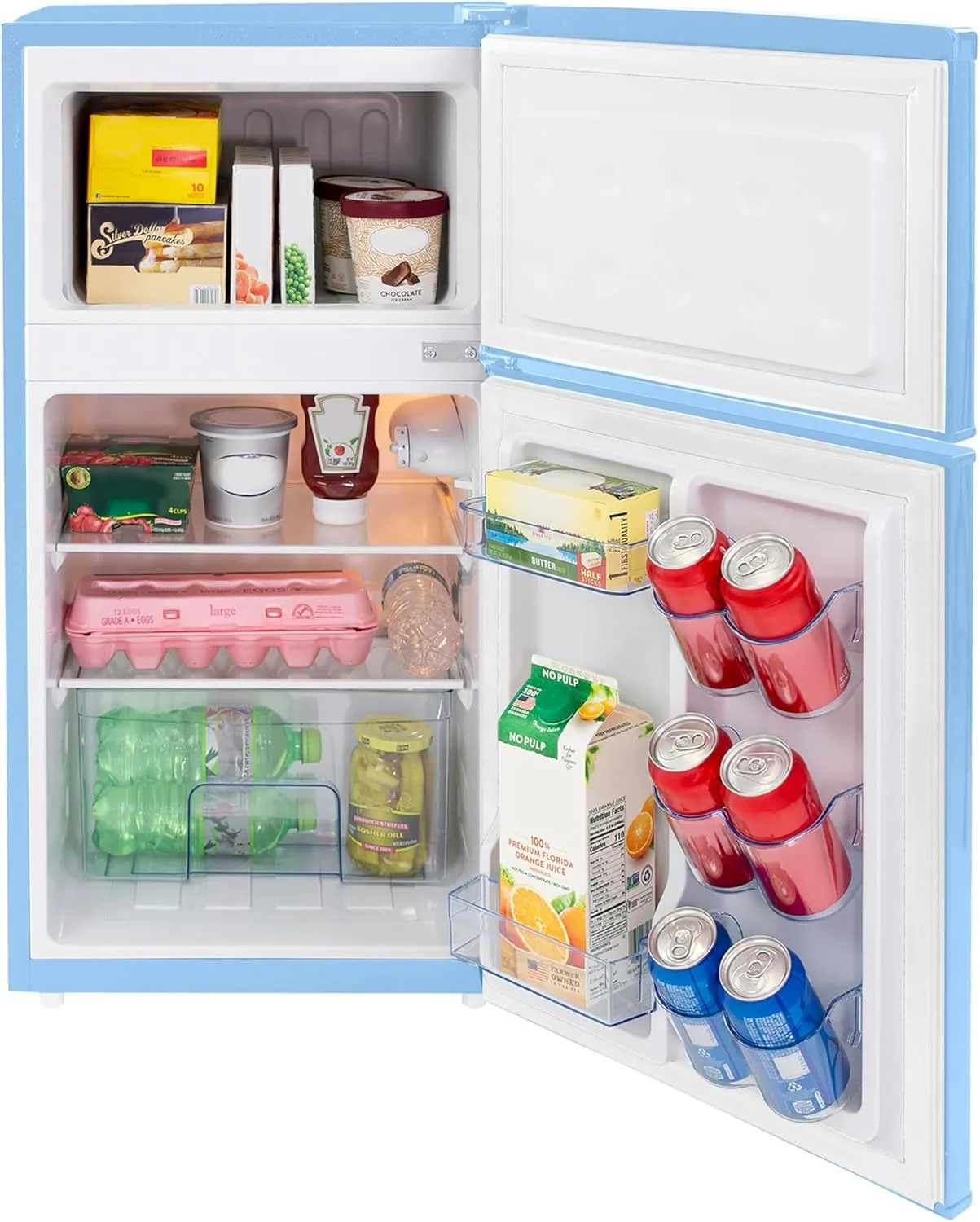 West Bend Mini Fridge with Freezer for Bedroom, Office, Bar or Dorm Room, Retro Compact Refrigerator features Glass Shelves, Manual Defrost and Adjustable Temperature Control, 3.1-Cu.Ft., Blue