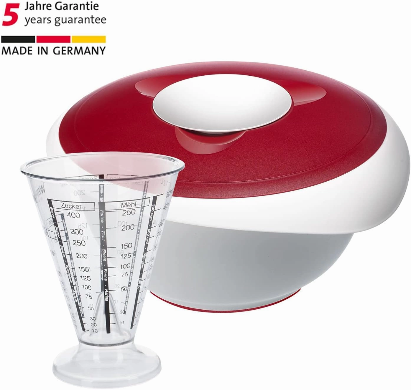 Westmark Baking Set: 1 Mixing/Baking Bowl with Two-Part Lid (3.5 L)   1 Measuring Cup with Fine Measuring Cone, Plastic, White/Red/Clear, 315522E8