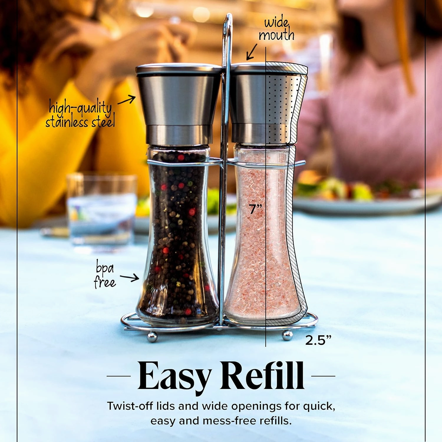 Willow & Everett Salt & Pepper Grinder Set - Stainless Steel Manual Mills, Peppercorns & Rock Salt Sold Separately, Refillable Adjustable Coarseness