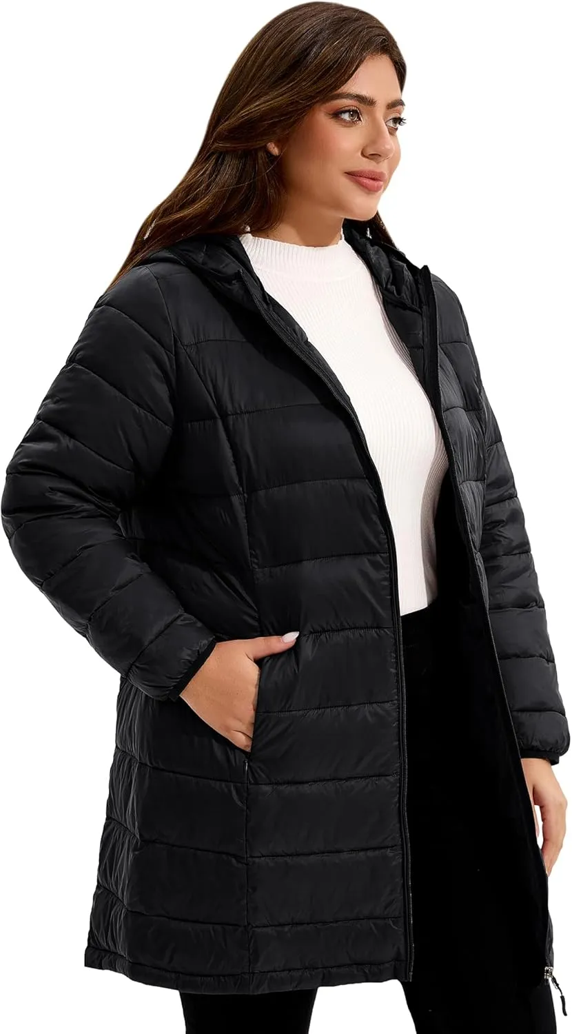 WINDMILL Women's Plus Size Packable Puffer Jacket, Hooded Lightweight Puffy Jacket (1X-6X)