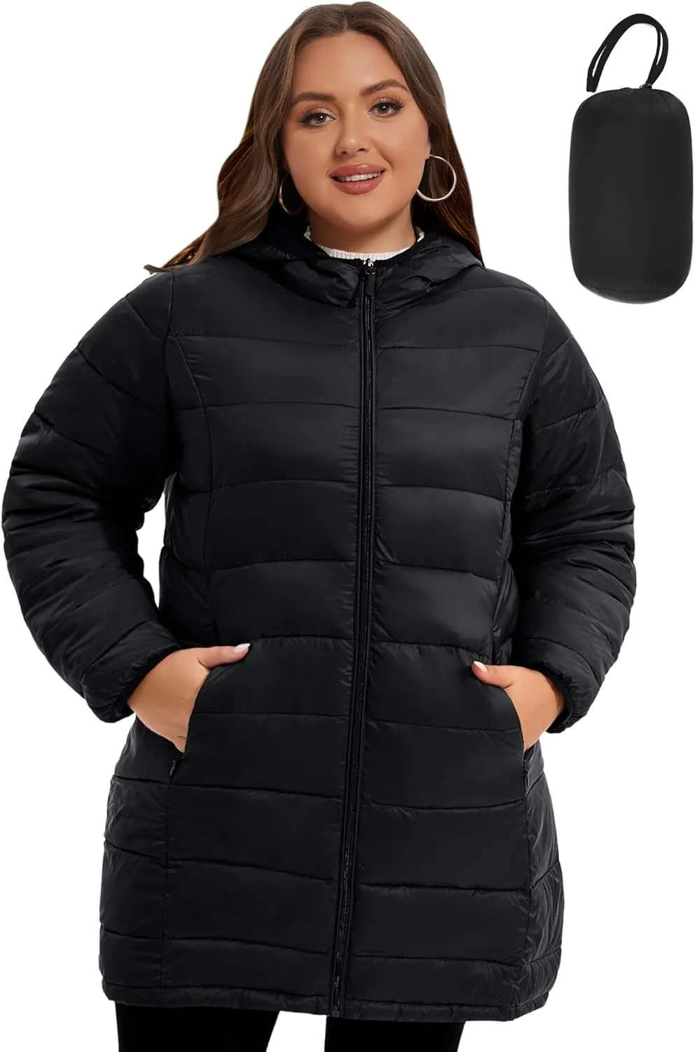 WINDMILL Women's Plus Size Packable Puffer Jacket, Hooded Lightweight Puffy Jacket (1X-6X)
