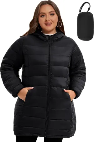 WINDMILL Women's Plus Size Packable Puffer Jacket, Hooded Lightweight Puffy Jacket (1X-6X)