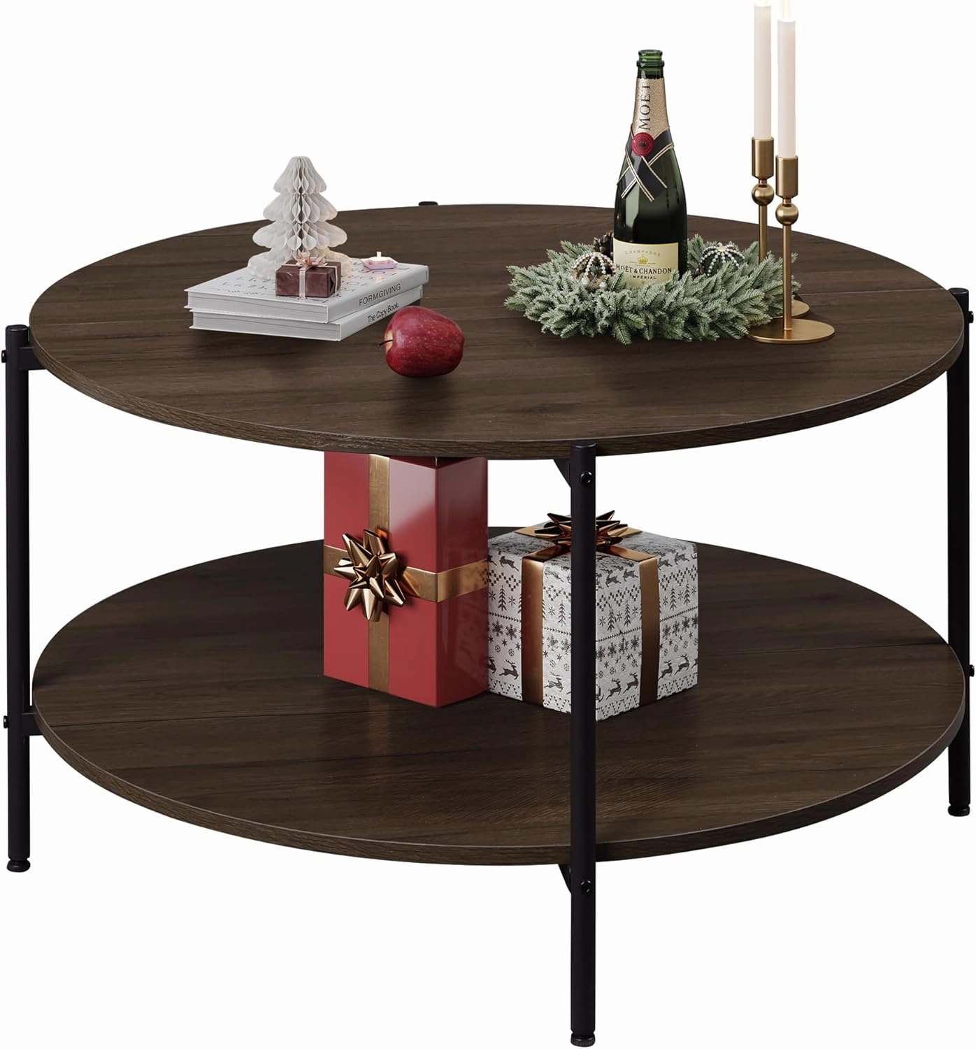WLIVE Round Coffee Table for Living Room, 32.6" Small Coffee Table with Open Storage Shelf, 2-Tier Industrial Circle Wood Center Table for Bedroom, Home Office, Brown Walnut