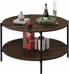 WLIVE Round Coffee Table for Living Room, 32.6" Small Coffee Table with Open Storage Shelf, 2-Tier Industrial Circle Wood Center Table for Bedroom, Home Office, Brown Walnut