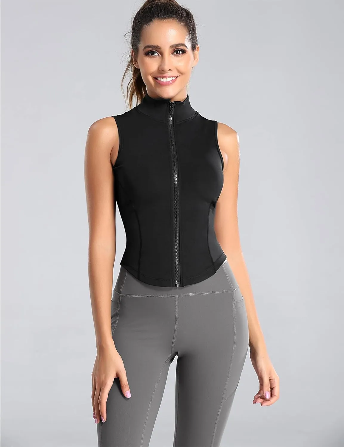 Women Summer Lightweight Cropped Athletic Zip Up Sleeveless Jackets Workout Gym Seamless Vests