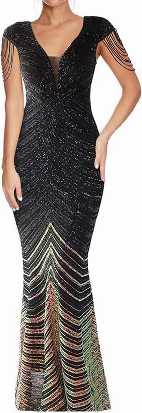 Women 1920s Plus Size Formal Dress Tassels Sleeve Sequins Gatsby Maxi Evening Gown