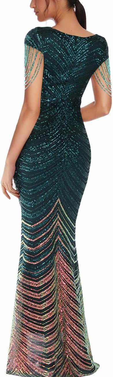 Women 1920s Plus Size Formal Dress Tassels Sleeve Sequins Gatsby Maxi Evening Gown