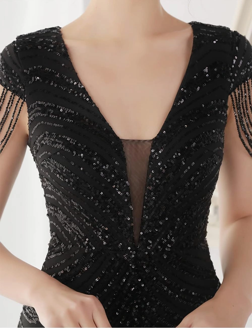 Women 1920s Plus Size Formal Dress Tassels Sleeve Sequins Gatsby Maxi Evening Gown