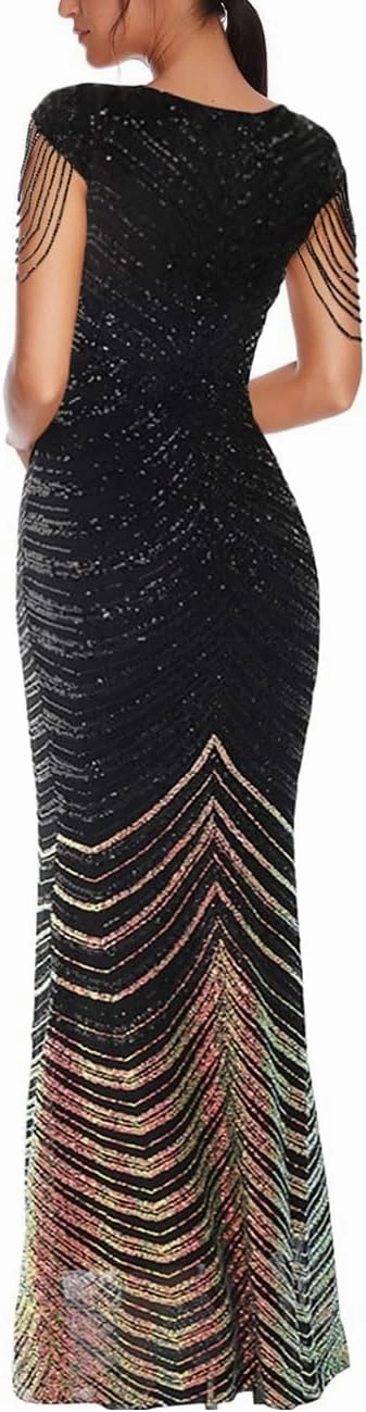 Women 1920s Plus Size Formal Dress Tassels Sleeve Sequins Gatsby Maxi Evening Gown