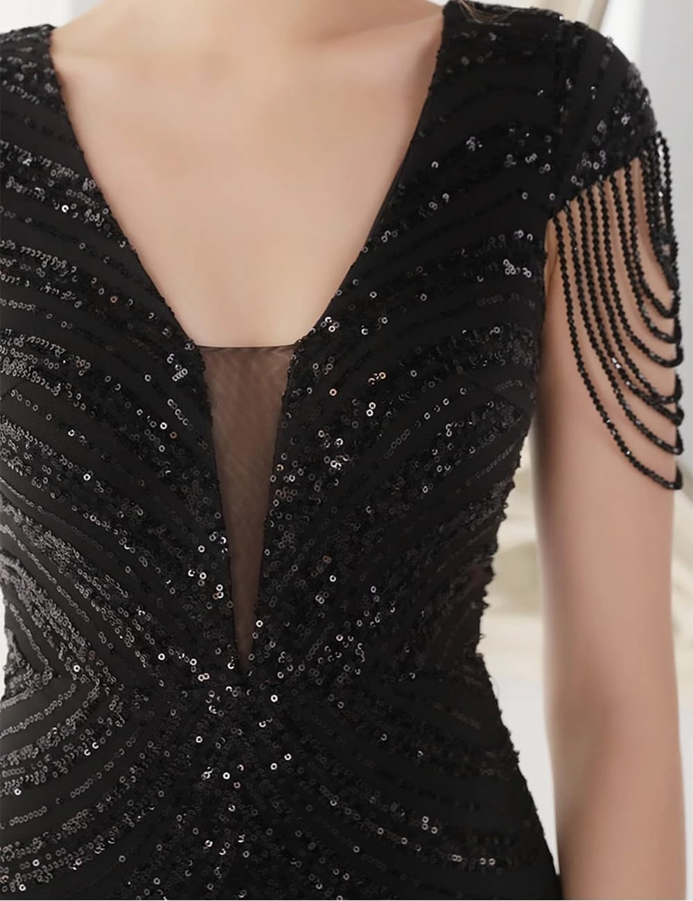 Women 1920s Plus Size Formal Dress Tassels Sleeve Sequins Gatsby Maxi Evening Gown