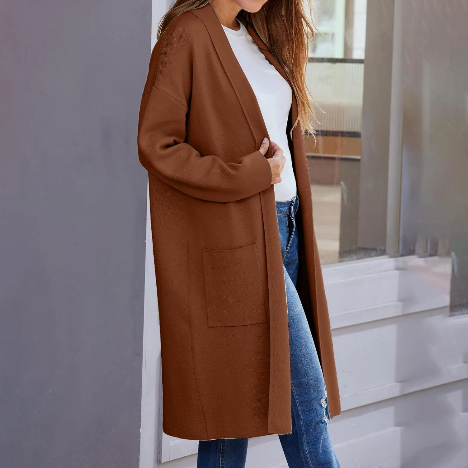 Women's Autumn and Winter Solid Color Fashionable Thin Lapel Long Woolen Coat Casual August Silk Women S Sweaters