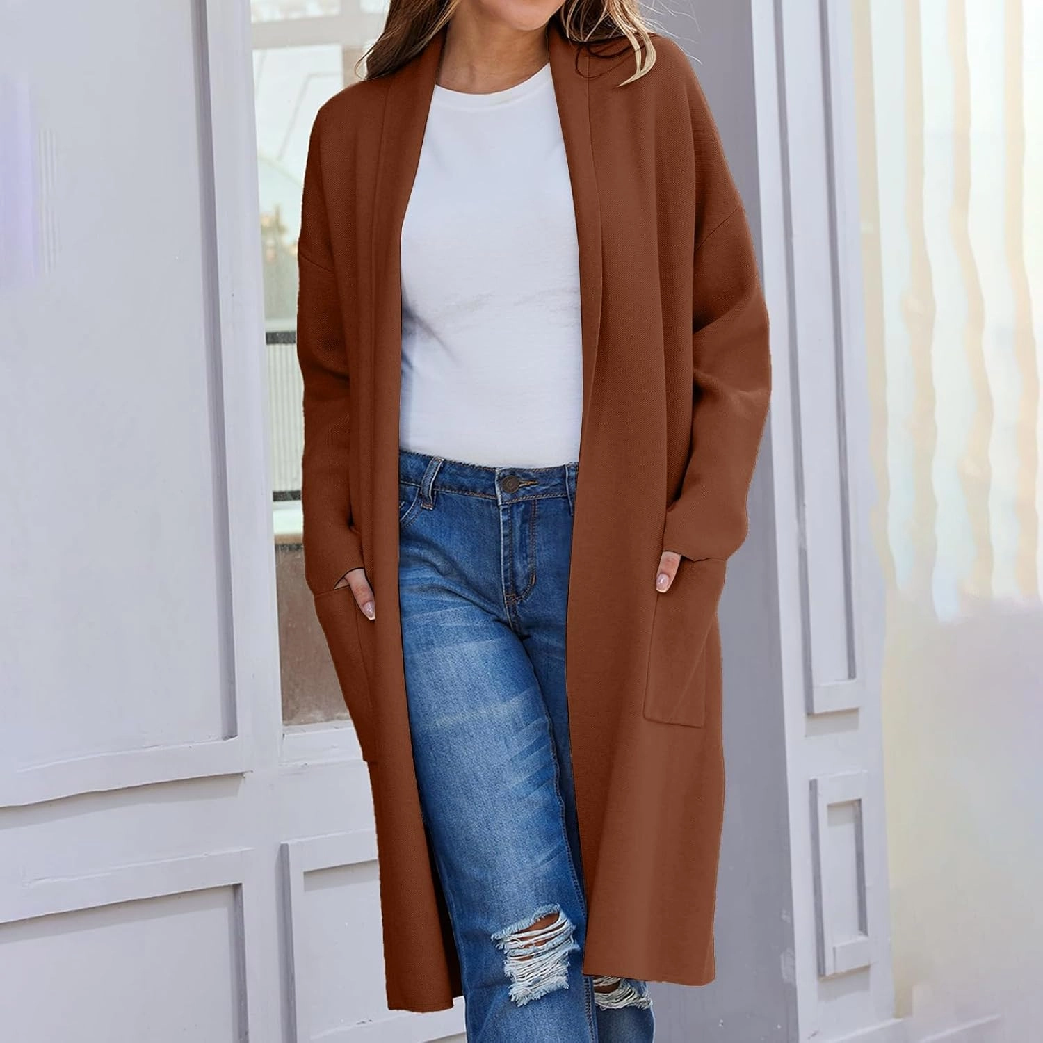 Women's Autumn and Winter Solid Color Fashionable Thin Lapel Long Woolen Coat Casual August Silk Women S Sweaters