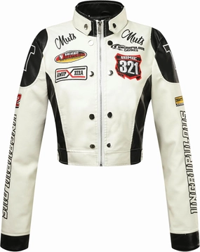Women's Embroidered PU Leather Motorcycle Jacket, Stand-Up Collar, Cropped Style, Spring to Fall