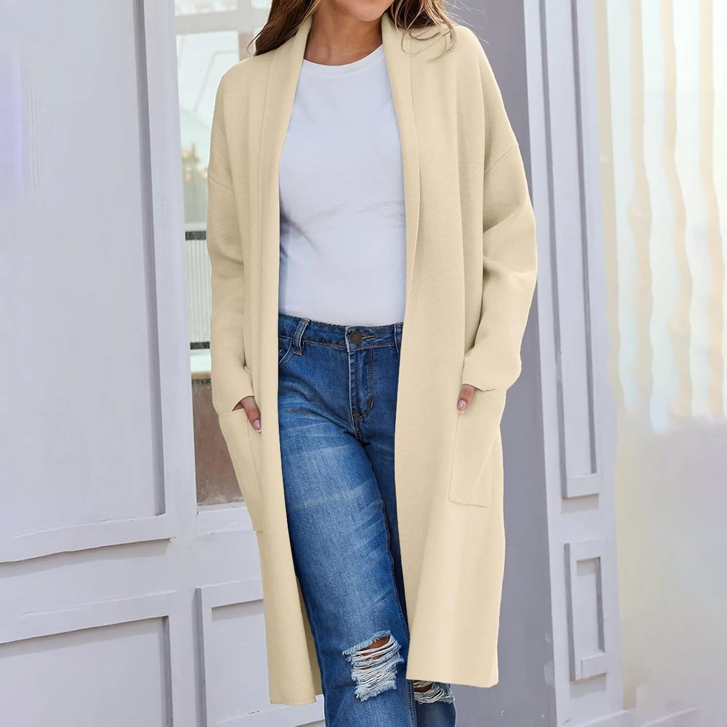 Women's Autumn and Winter Solid Color Fashionable Thin Lapel Long Woolen Coat Casual August Silk Women S Sweaters