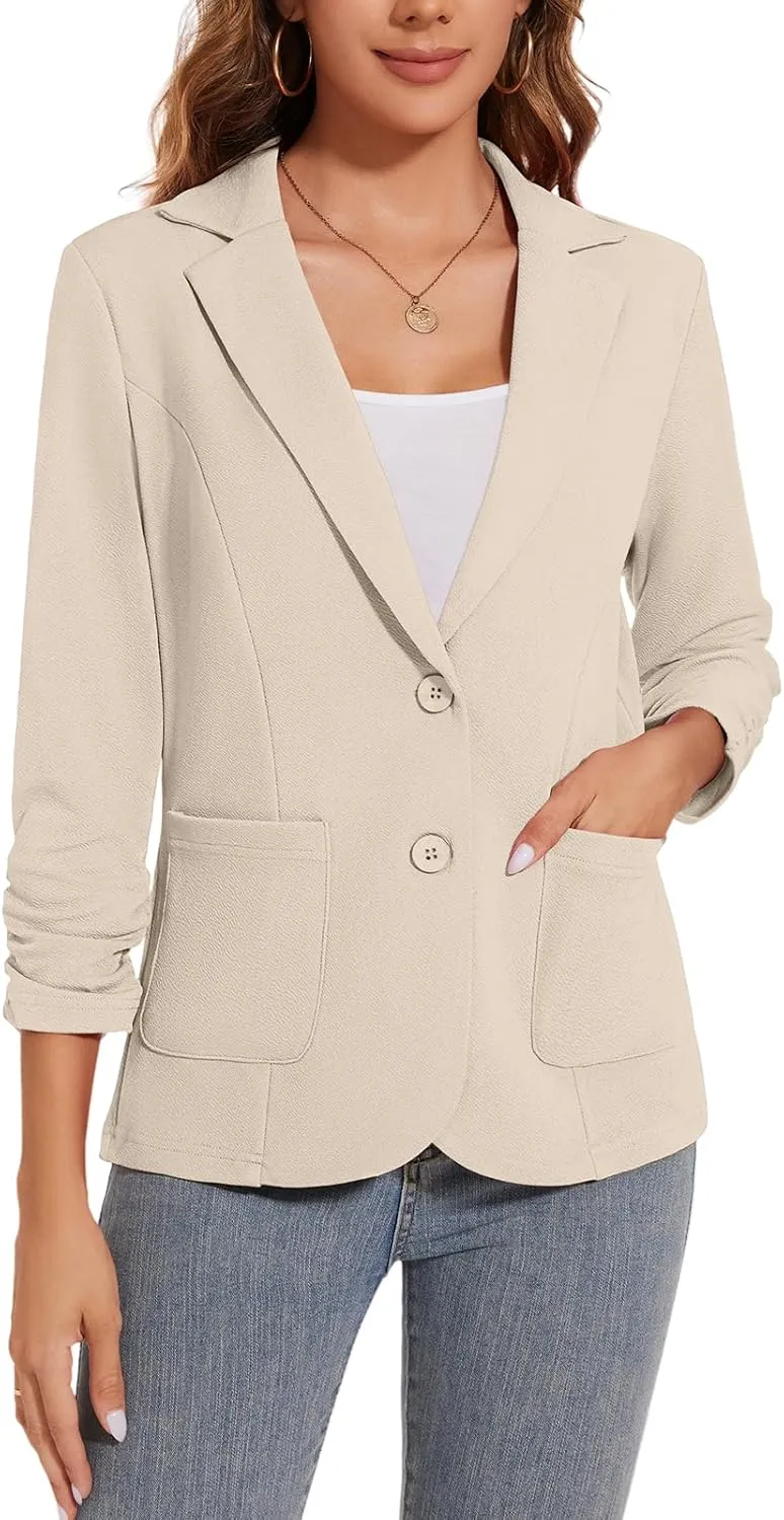 Women's Casual Button Front Blazer Jackets Ruched 3/4 Sleeve Lapel Office Work Lightweight Blazers with Pockets