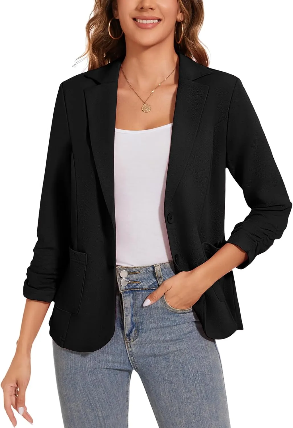 Women's Casual Button Front Blazer Jackets Ruched 3/4 Sleeve Lapel Office Work Lightweight Blazers with Pockets
