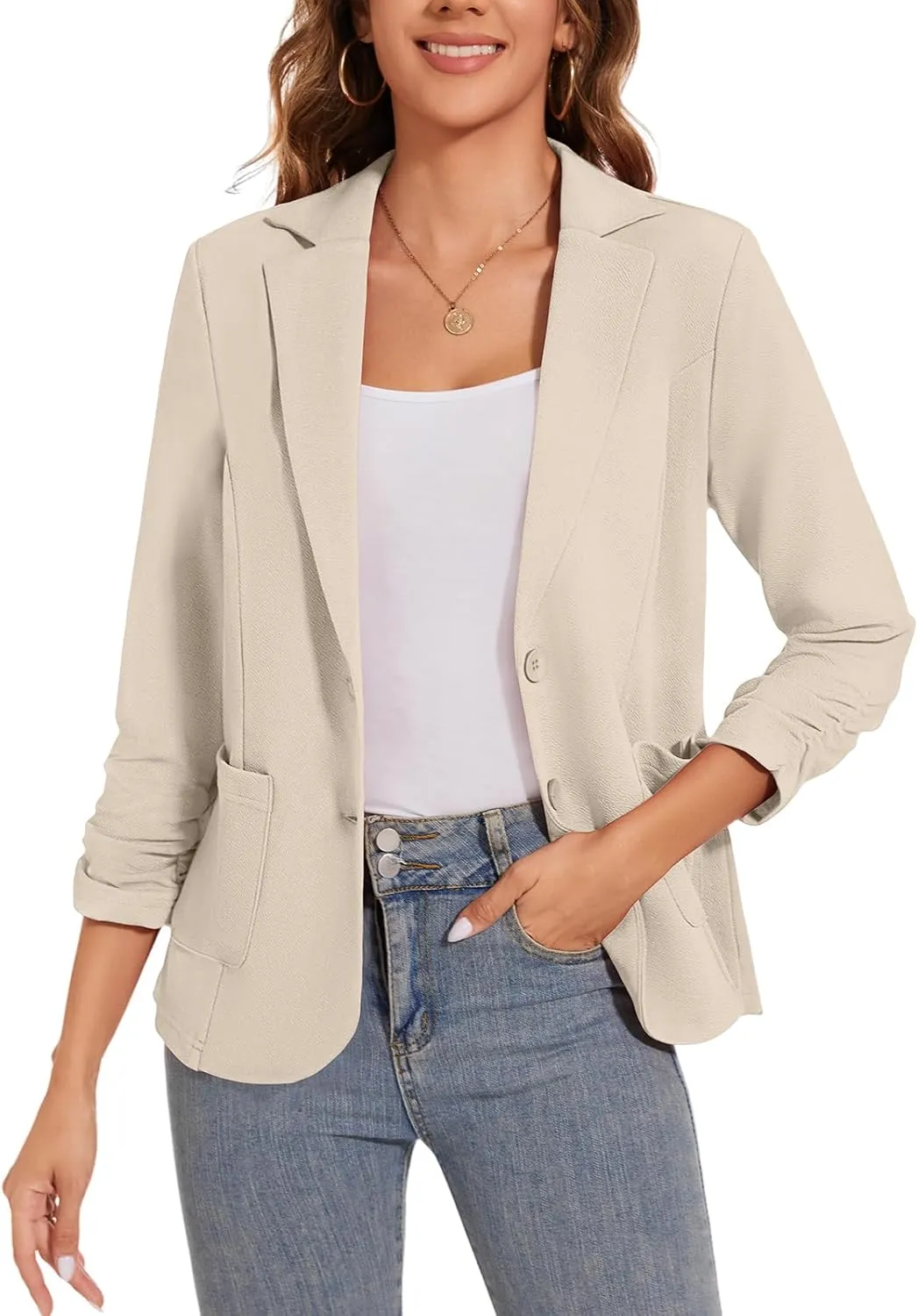 Women's Casual Button Front Blazer Jackets Ruched 3/4 Sleeve Lapel Office Work Lightweight Blazers with Pockets