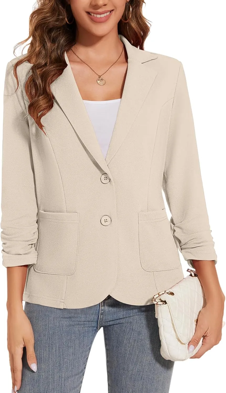 Women's Casual Button Front Blazer Jackets Ruched 3/4 Sleeve Lapel Office Work Lightweight Blazers with Pockets