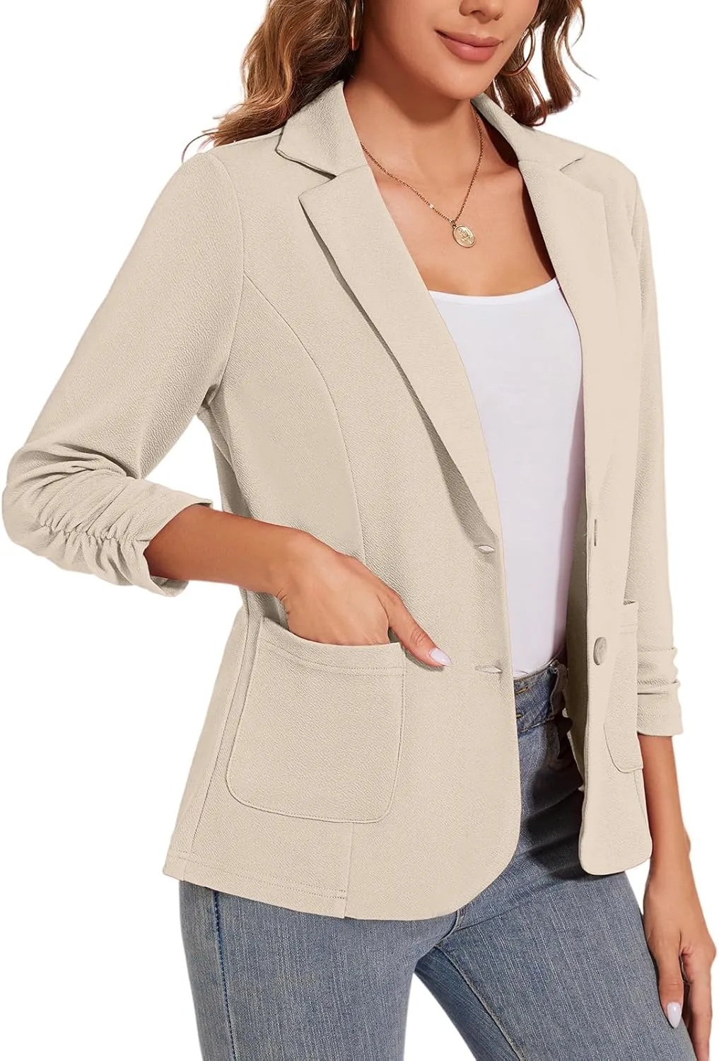 Women's Casual Button Front Blazer Jackets Ruched 3/4 Sleeve Lapel Office Work Lightweight Blazers with Pockets