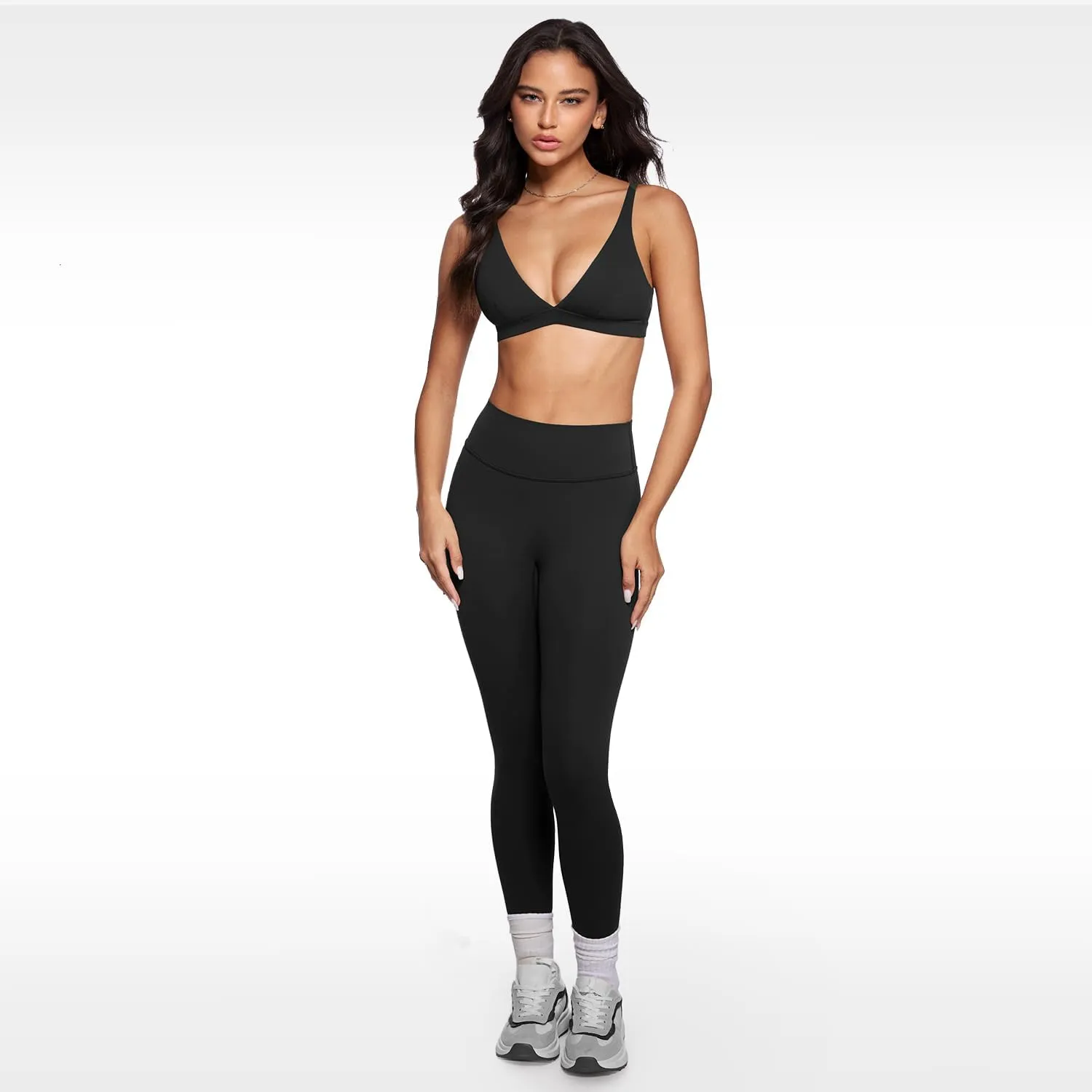 Womens Deep V-Neck Sports Bra Padded Low Impact Fitness Yoga Bra U Back Wireless Workout Bra Contour Crop Top