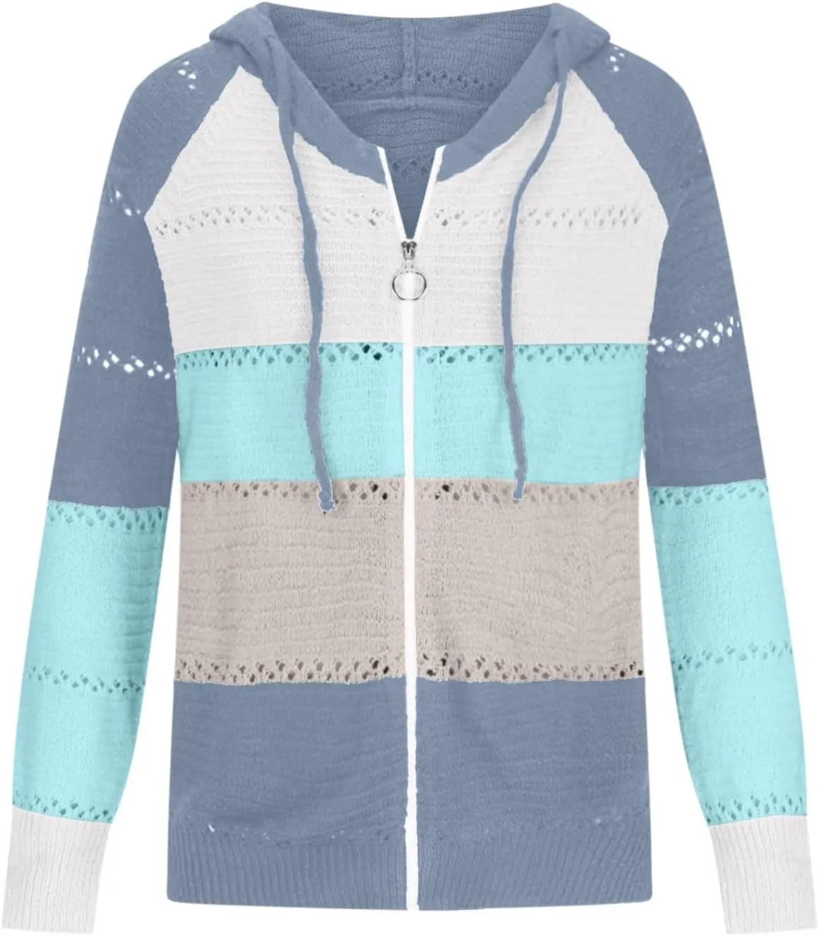 Womens Fall Casual Color Blocking Zipper Front Long Sleeve Pullover Knitted Hooded Sweater Top Blouse Sweater Coat