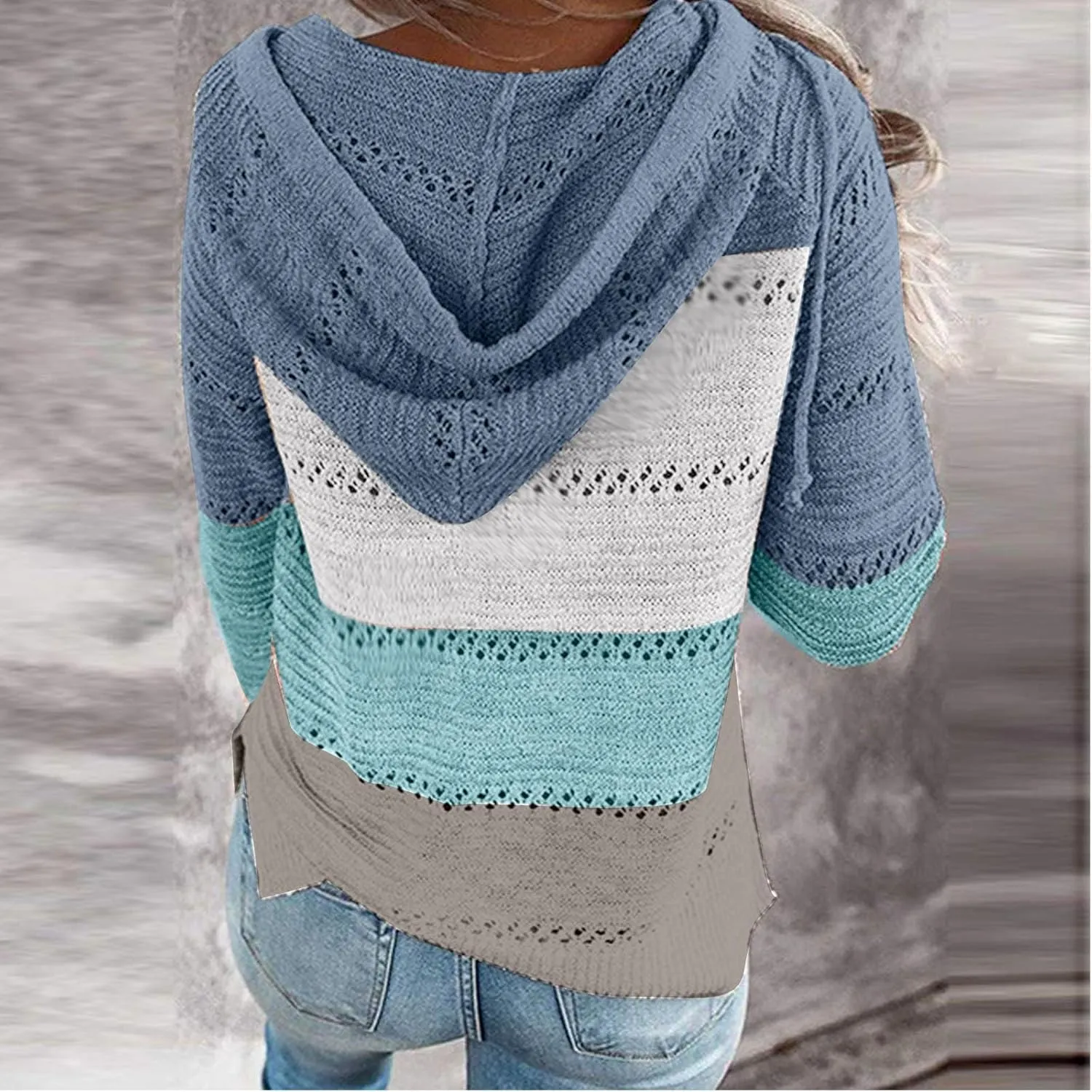 Womens Fall Casual Color Blocking Zipper Front Long Sleeve Pullover Knitted Hooded Sweater Top Blouse Sweater Coat