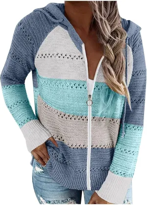 Womens Fall Casual Color Blocking Zipper Front Long Sleeve Pullover Knitted Hooded Sweater Top Blouse Sweater Coat