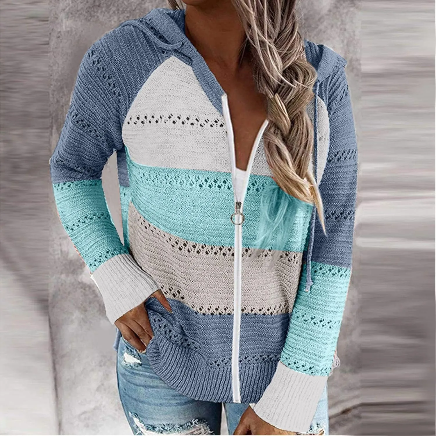 Womens Fall Casual Color Blocking Zipper Front Long Sleeve Pullover Knitted Hooded Sweater Top Blouse Sweater Coat