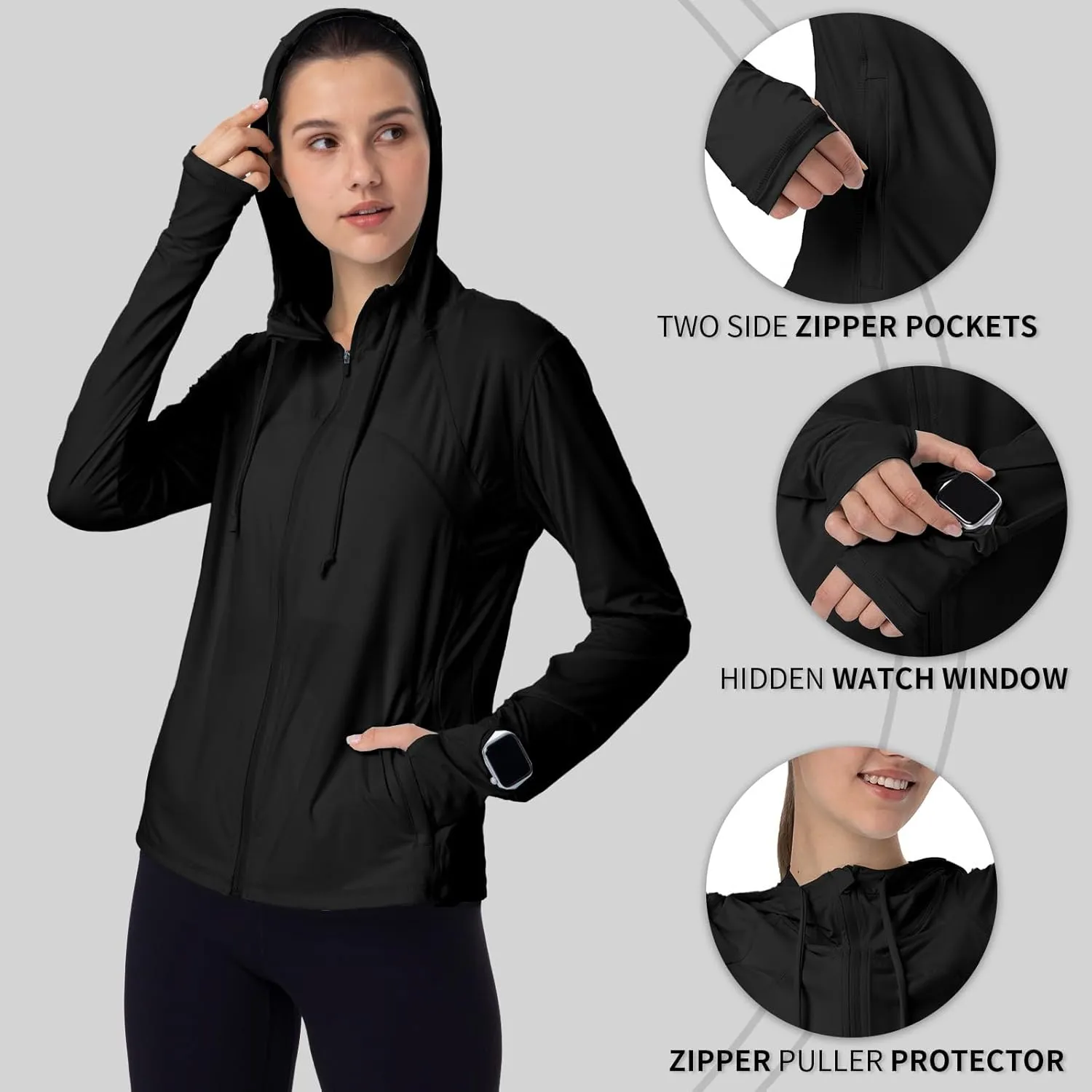 Womens Sun Protection Hoodie SPF Jacket Lightweight Full Zip Up Summer UV UPF 50  with Pockets Thumb Hole