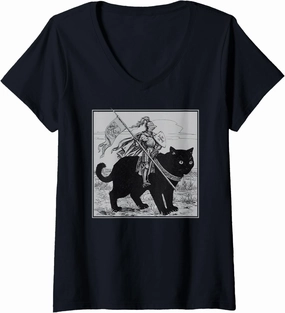 Womens Knight Cat Rider Vintage 90s Medieval Knight Riding Cat V-Neck T-Shirt