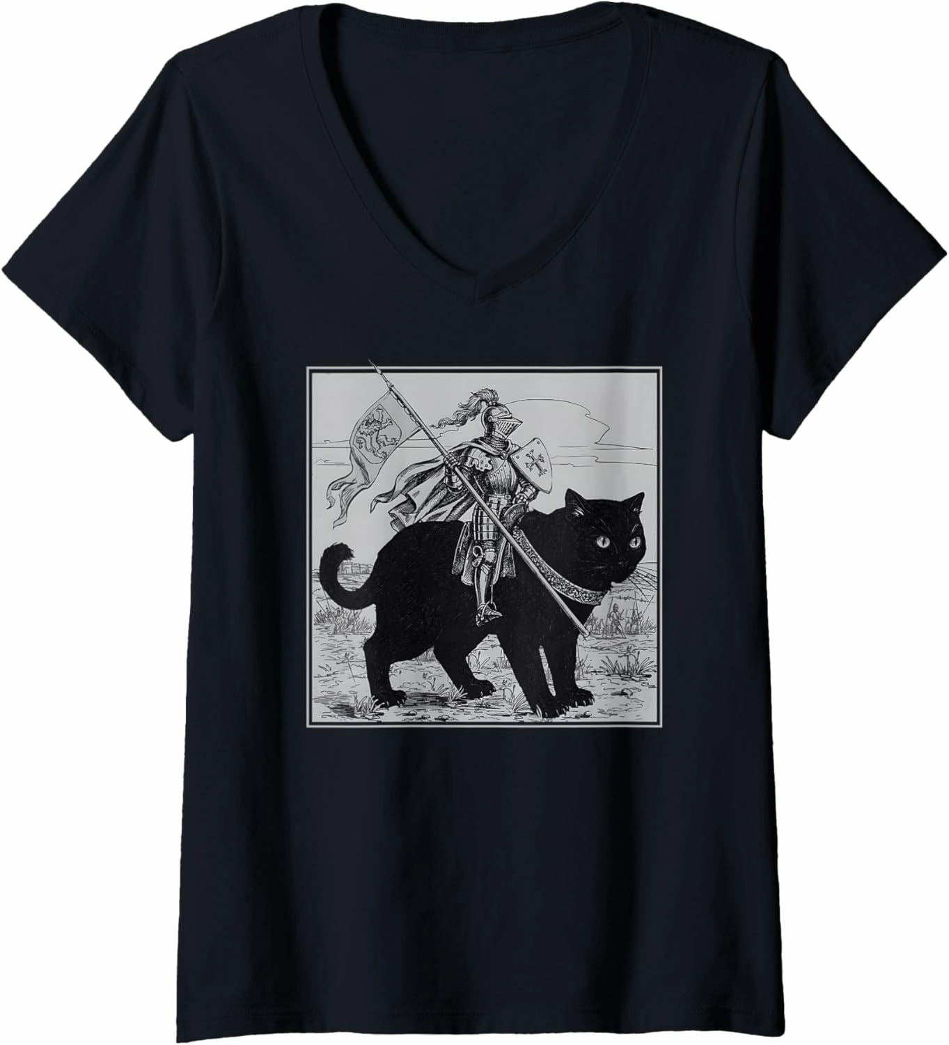 Womens Knight Cat Rider Vintage 90s Medieval Knight Riding Cat V-Neck T-Shirt