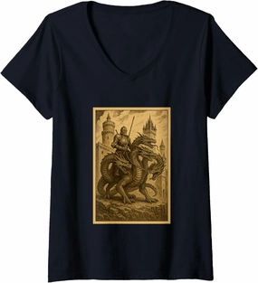 Womens Medieval Knight Riding a Hydra Fantasy Art Surreal Rider V-Neck T-Shirt