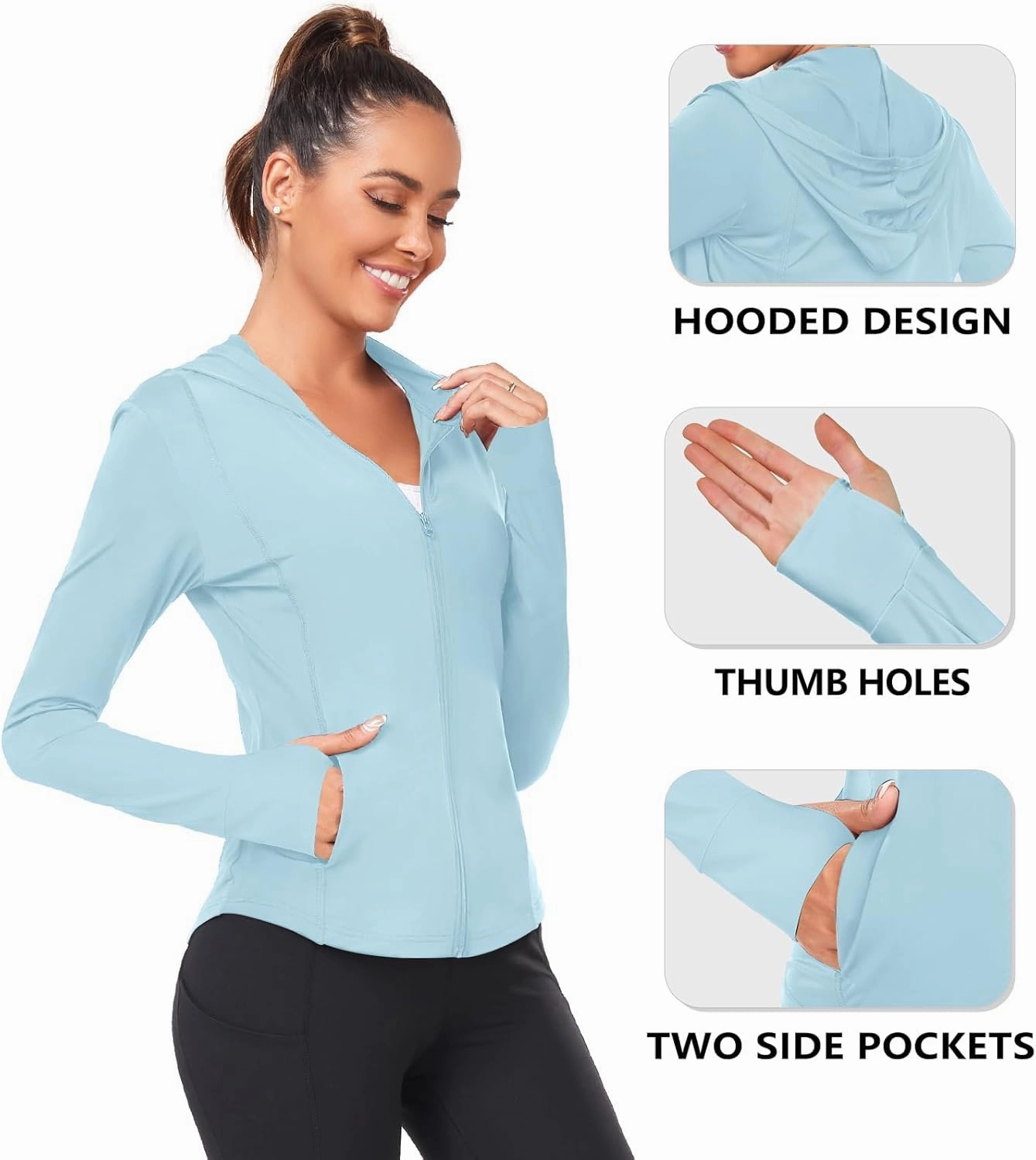Womens Sun Protection Hooded Jackets Lightweight Quick Dry UPF 50  Long Sleeve Sun Shirts Hiking Running Athletic Tops