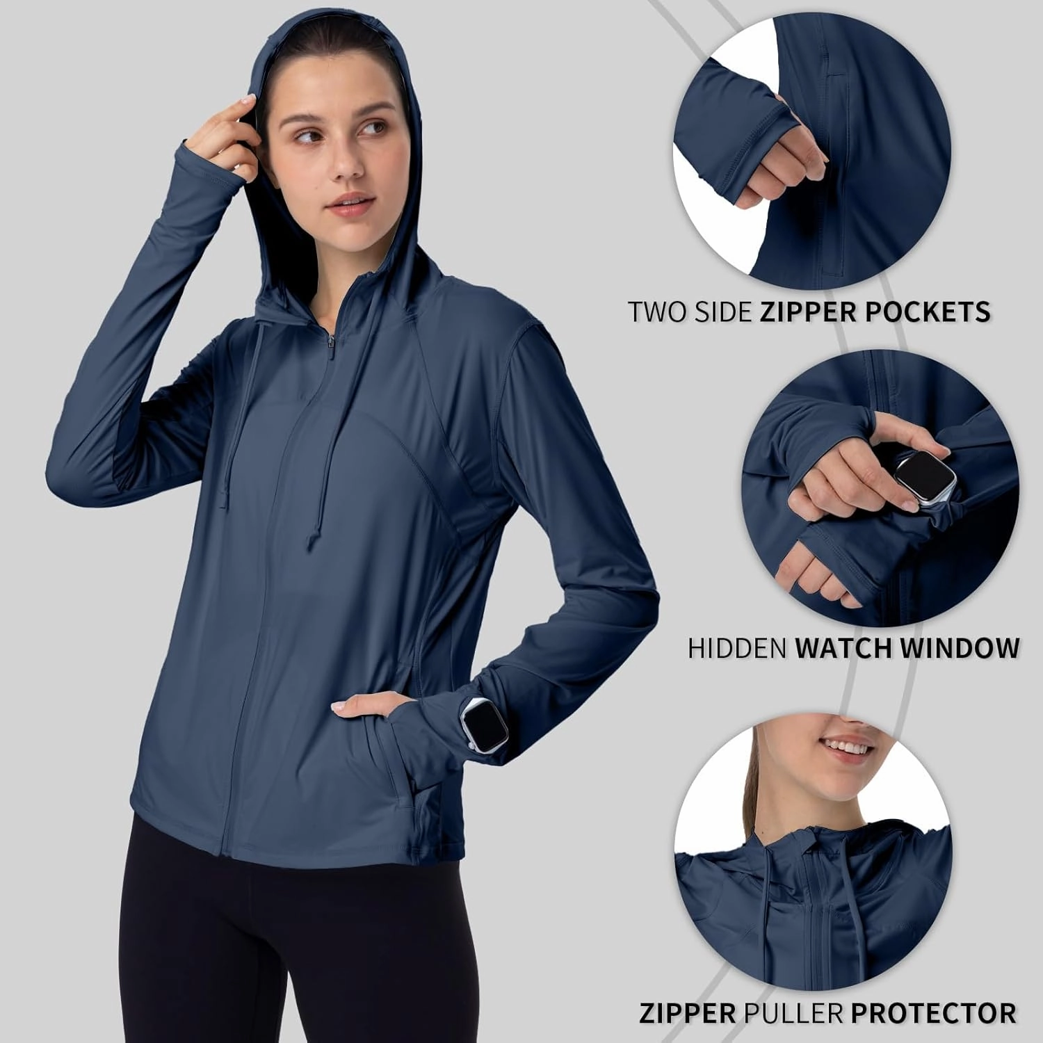 Womens Sun Protection Hoodie SPF Jacket Lightweight Full Zip Up Summer UV UPF 50  with Pockets Thumb Hole