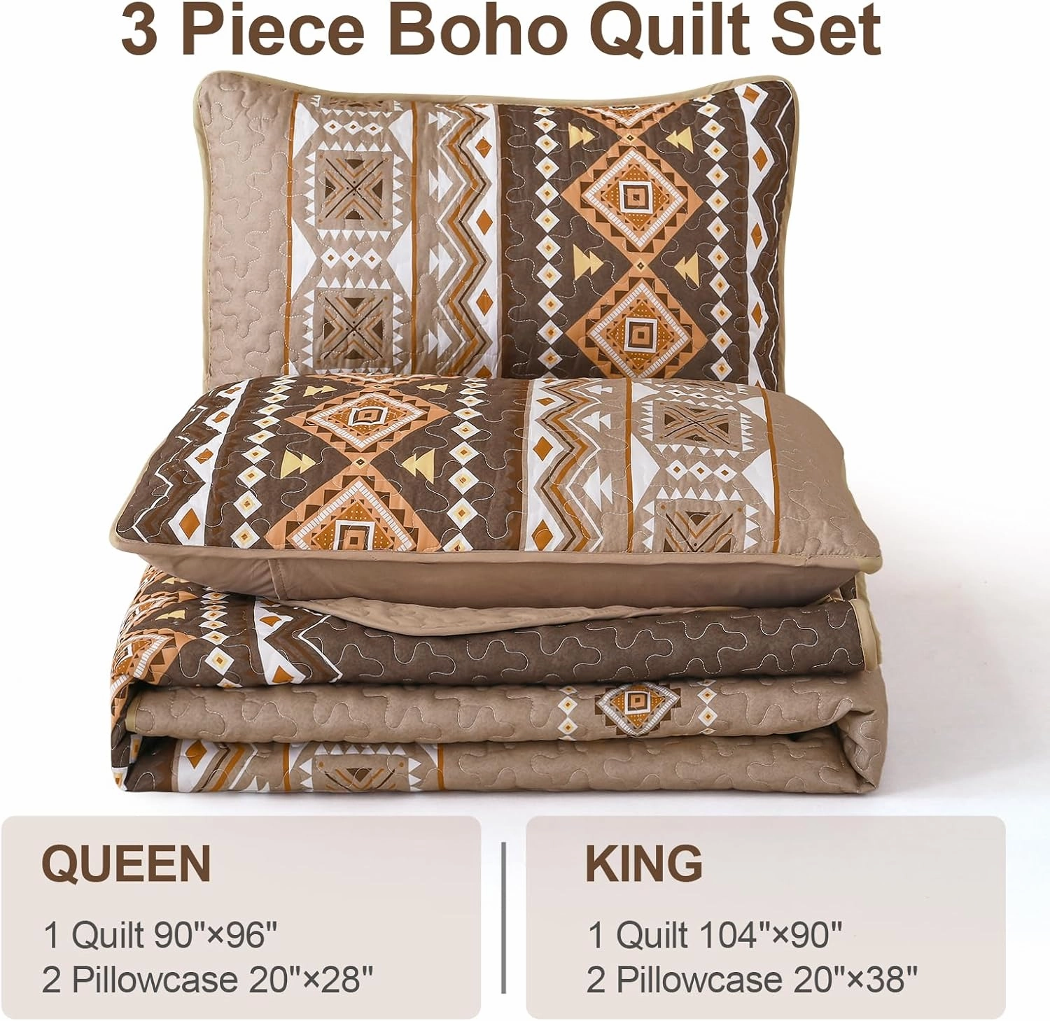 WONGS BEDDING Boho Quilt Set Queen Size,3 Pieces Brown Geometry Printed Bedspread Coverlet Set,Lightweight Microfiber Bedding Set with 2 Pillowcases,96"×90"