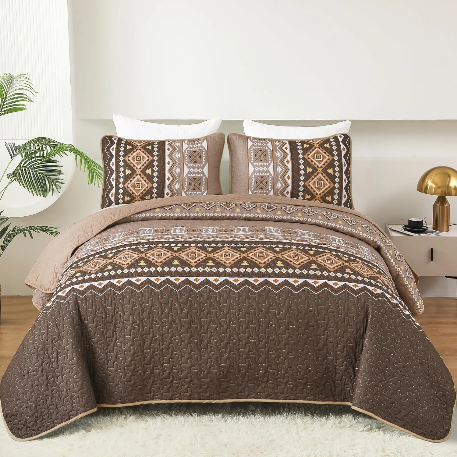 WONGS BEDDING Boho Quilt Set Queen Size,3 Pieces Brown Geometry Printed Bedspread Coverlet Set,Lightweight Microfiber Bedding Set with 2 Pillowcases,96"×90"