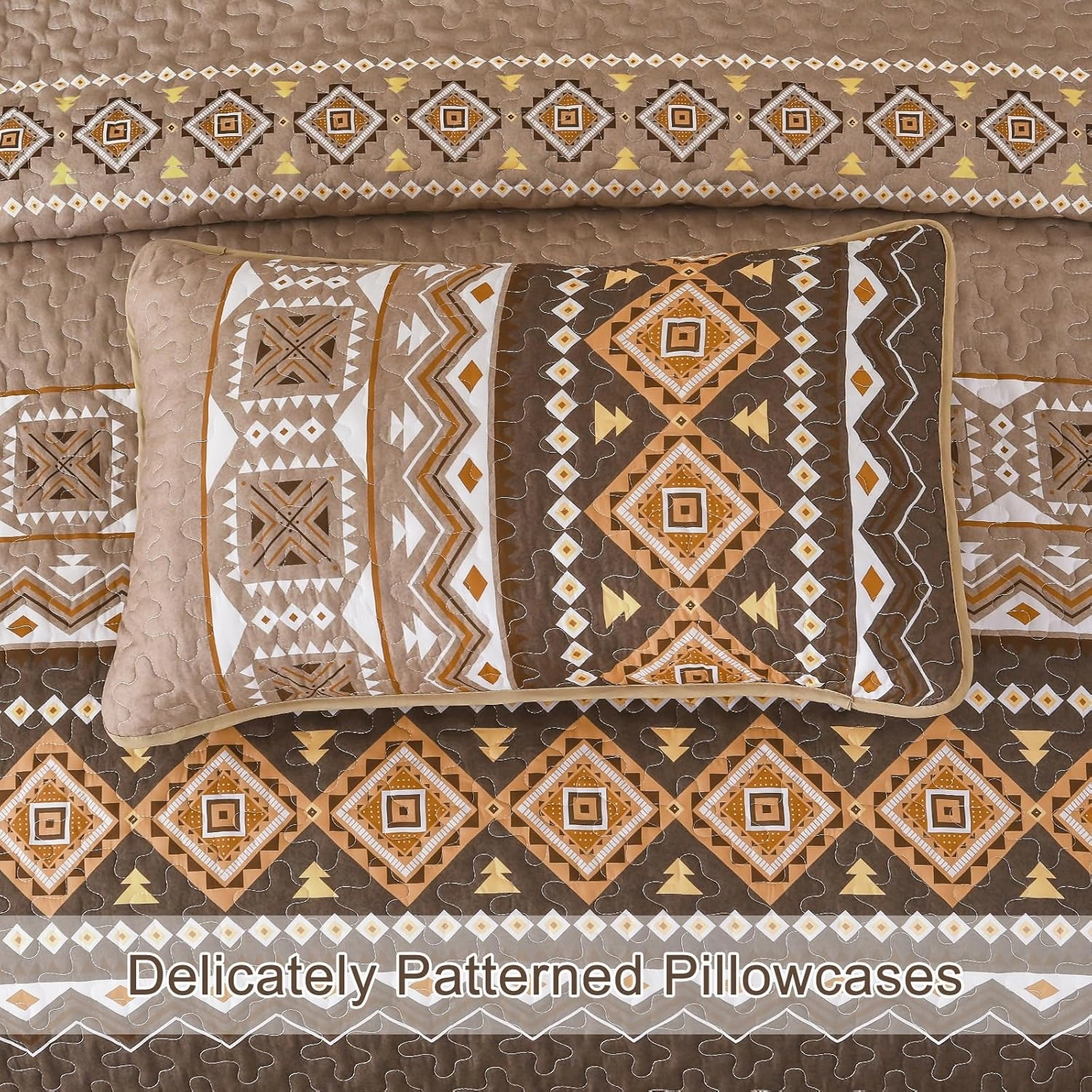 WONGS BEDDING Boho Quilt Set Queen Size,3 Pieces Brown Geometry Printed Bedspread Coverlet Set,Lightweight Microfiber Bedding Set with 2 Pillowcases,96"×90"