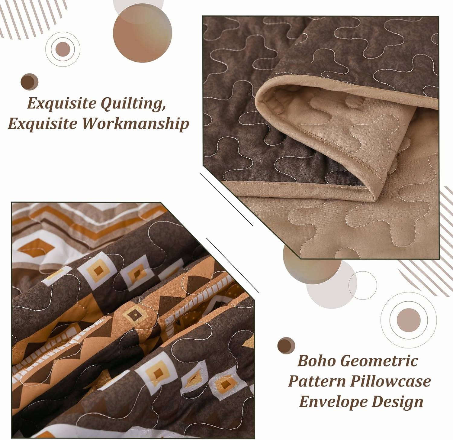 WONGS BEDDING Boho Quilt Set Queen Size,3 Pieces Brown Geometry Printed Bedspread Coverlet Set,Lightweight Microfiber Bedding Set with 2 Pillowcases,96"×90"