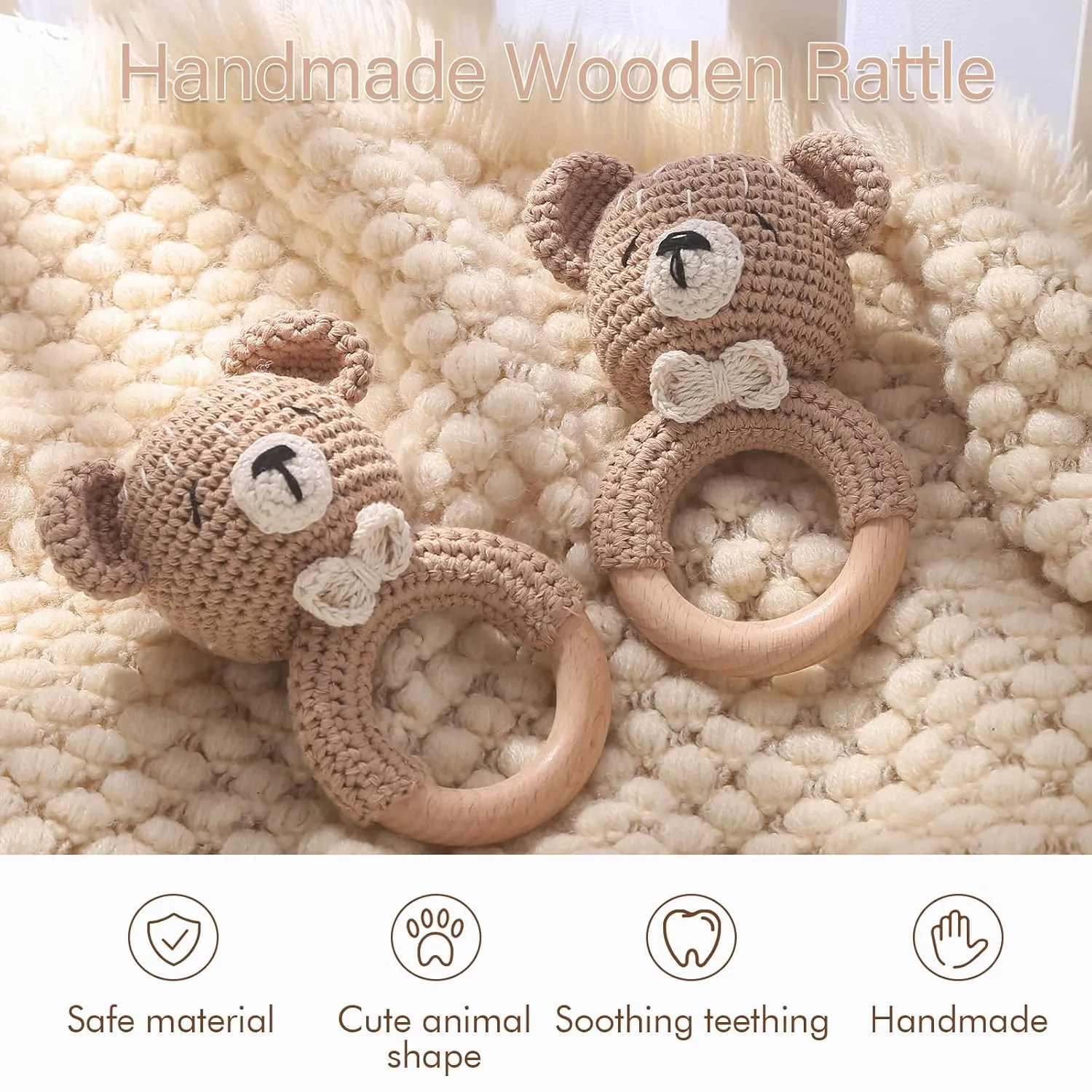 Wooden Baby Rattle Crochet Bear Baby Toys Handmade Newborn Toy Early Development Grips Stuffed Animal Organic Rattle (Bear)