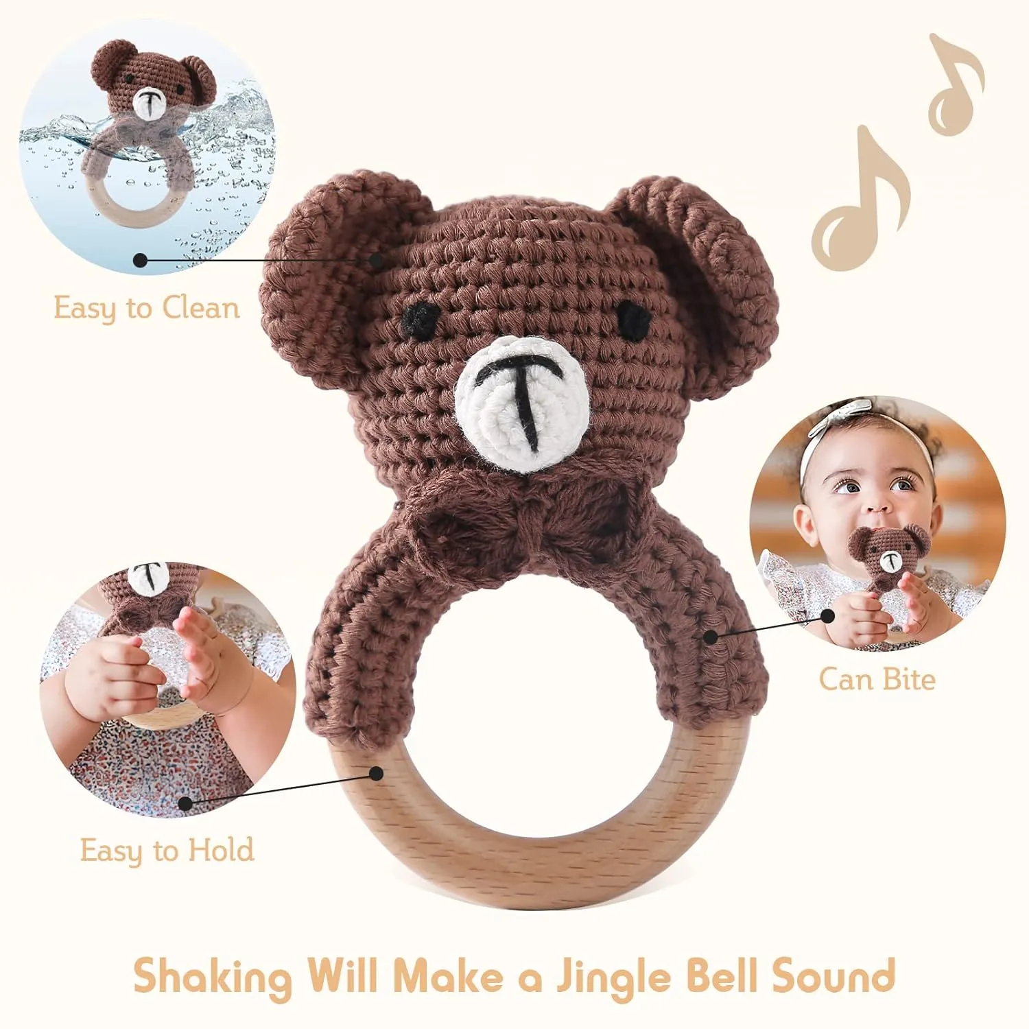 Wooden Baby Rattle Crochet Bear Baby Toys Handmade Newborn Toy Early Development Grips Stuffed Animal Organic Rattle