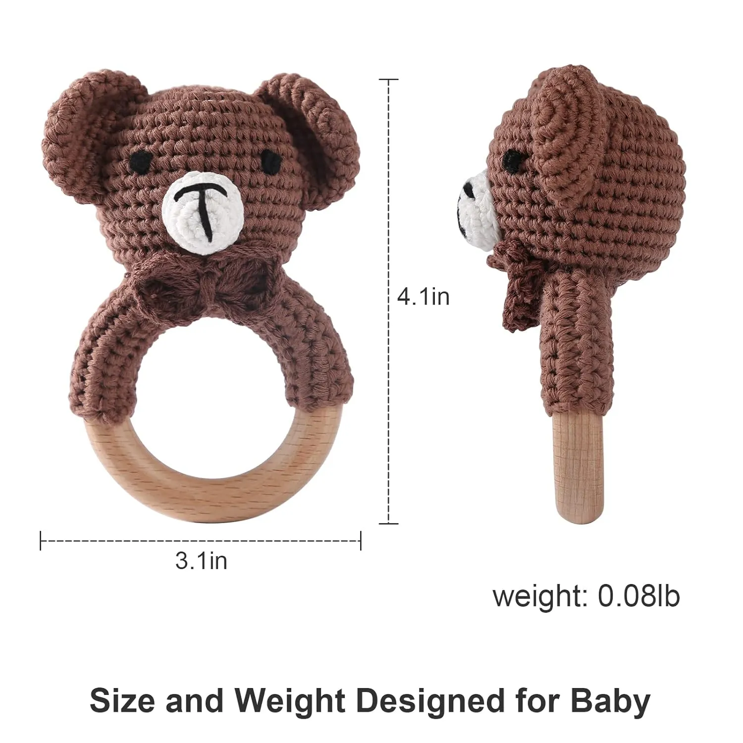 Wooden Baby Rattle Crochet Bear Baby Toys Handmade Newborn Toy Early Development Grips Stuffed Animal Organic Rattle