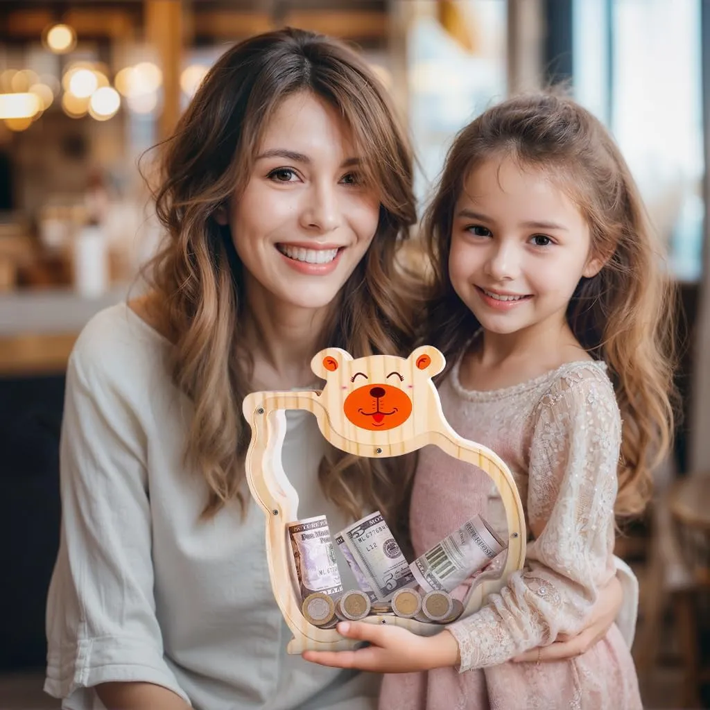 Wooden Bear Piggy Bank for Kids with Letter Stickers, Unbreakable Large Money Box for Boys, Girls, Cute Wooden Coin Bank, Piggy Money Jar Personalized Gift, Educational Toy for Kids