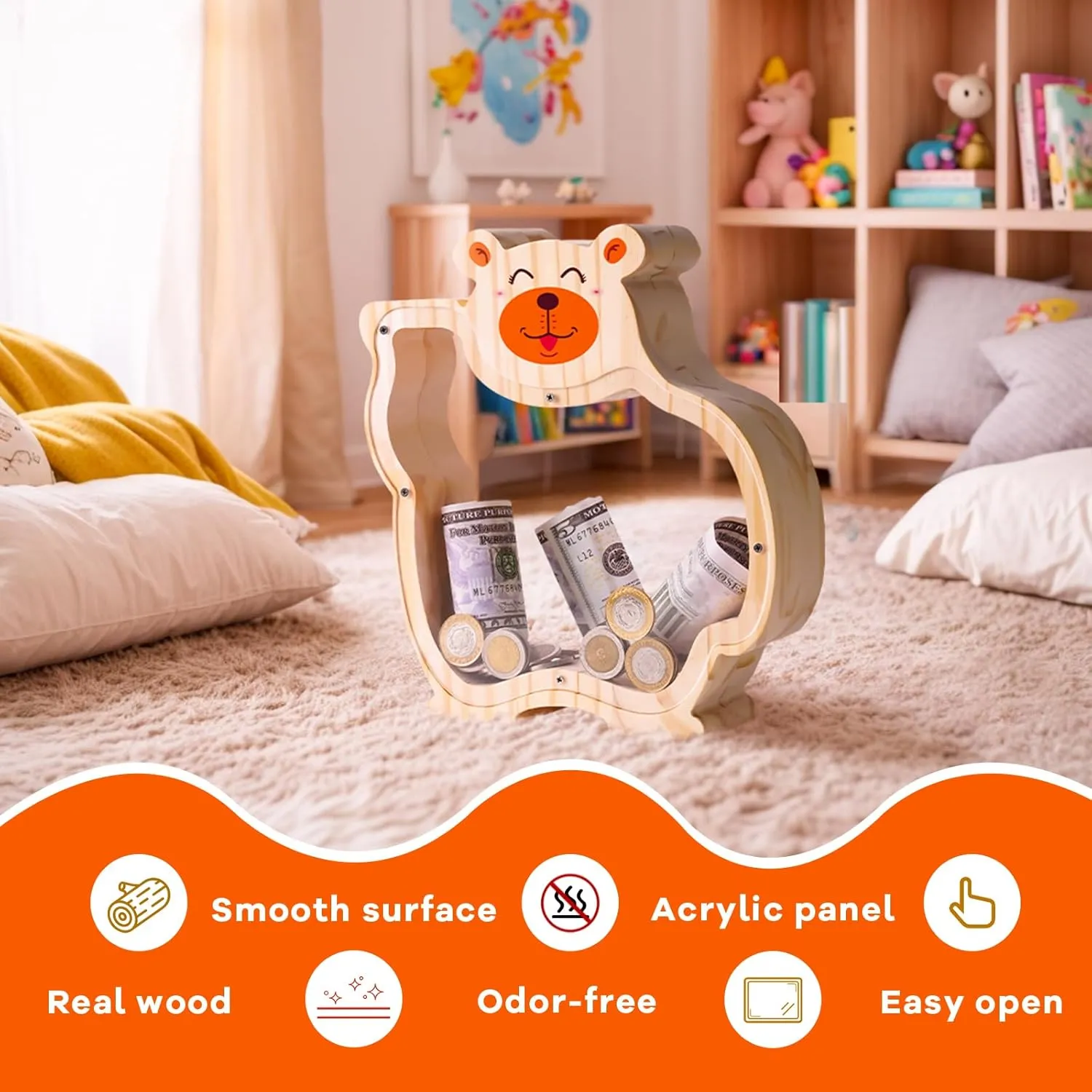 Wooden Bear Piggy Bank for Kids with Letter Stickers, Unbreakable Large Money Box for Boys, Girls, Cute Wooden Coin Bank, Piggy Money Jar Personalized Gift, Educational Toy for Kids
