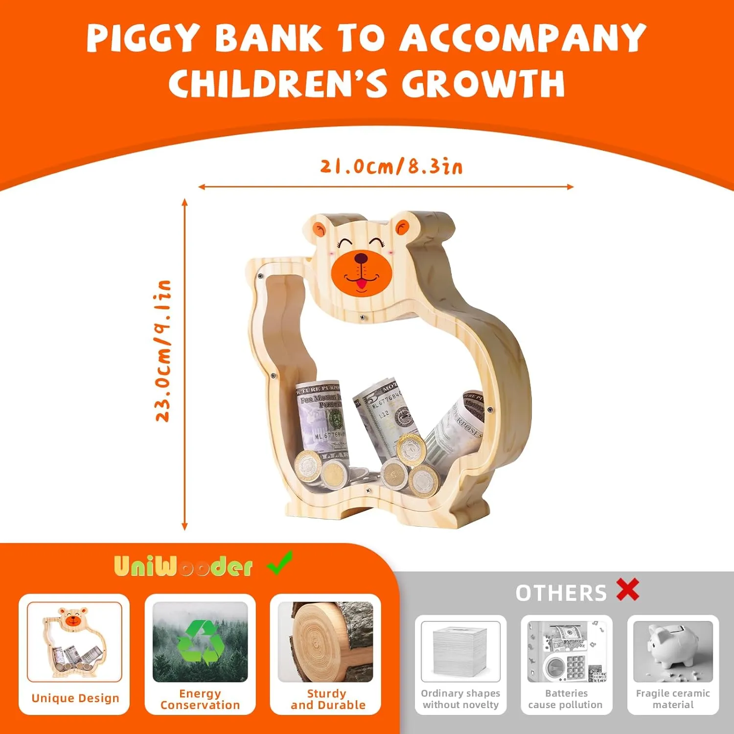 Wooden Bear Piggy Bank for Kids with Letter Stickers, Unbreakable Large Money Box for Boys, Girls, Cute Wooden Coin Bank, Piggy Money Jar Personalized Gift, Educational Toy for Kids