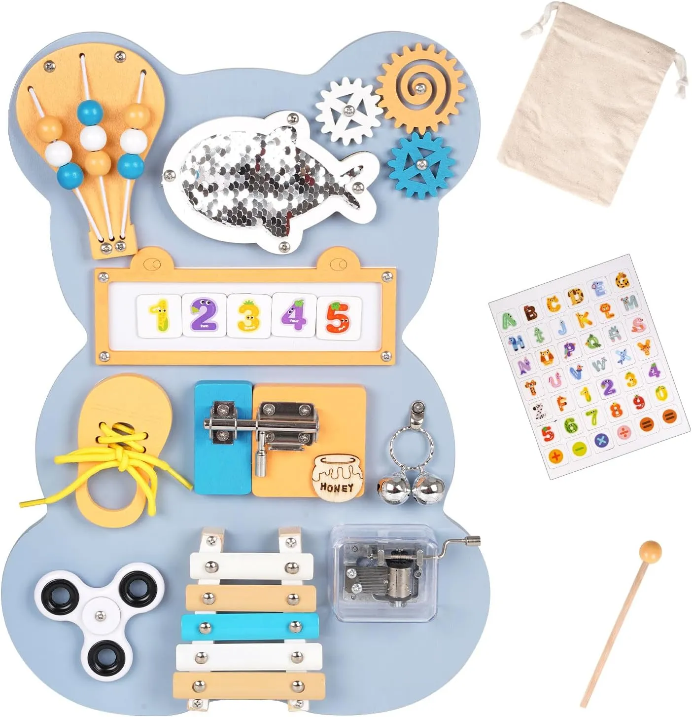 Wooden Montessori Busy Board for Kids 10-in-1 Bear Busy Board Sensory Activity Board Toys for Toddler Baby Boys Girls Montessori Toys for Fine Motor Skills Travel Toys Learning Activities Board Gift