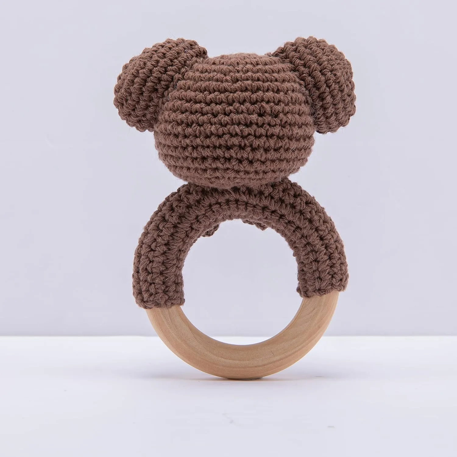 WOODEN TEETHER Crochet Baby Rattle, Crochet Baby Toys, Organic Wooden Newborn Toys, Newborn Animal Rattle Toys，Knitted Stuffed Animals Gifts for Baby, Brown Bear