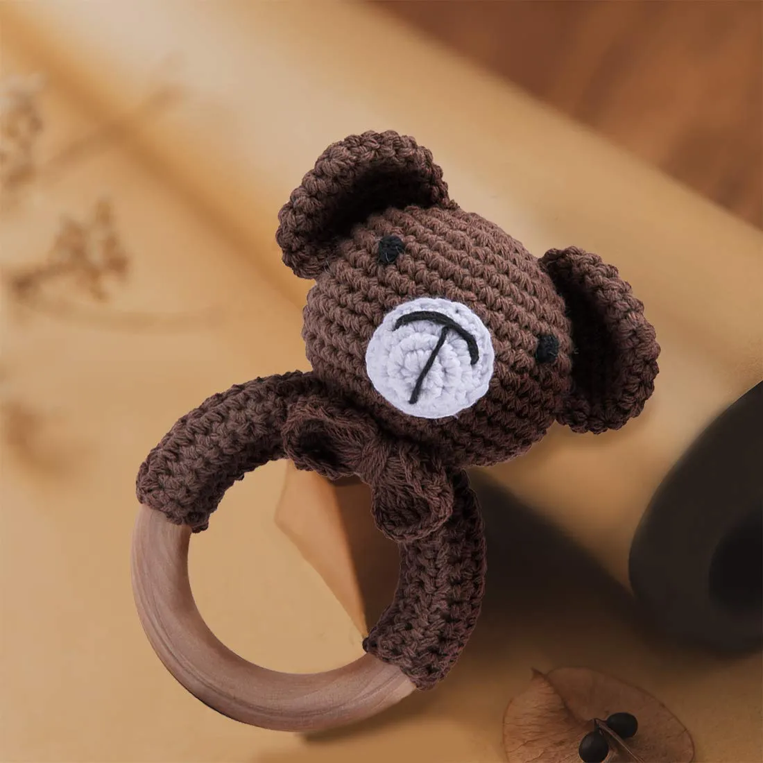 WOODEN TEETHER Crochet Baby Rattle, Crochet Baby Toys, Organic Wooden Newborn Toys, Newborn Animal Rattle Toys，Knitted Stuffed Animals Gifts for Baby, Brown Bear