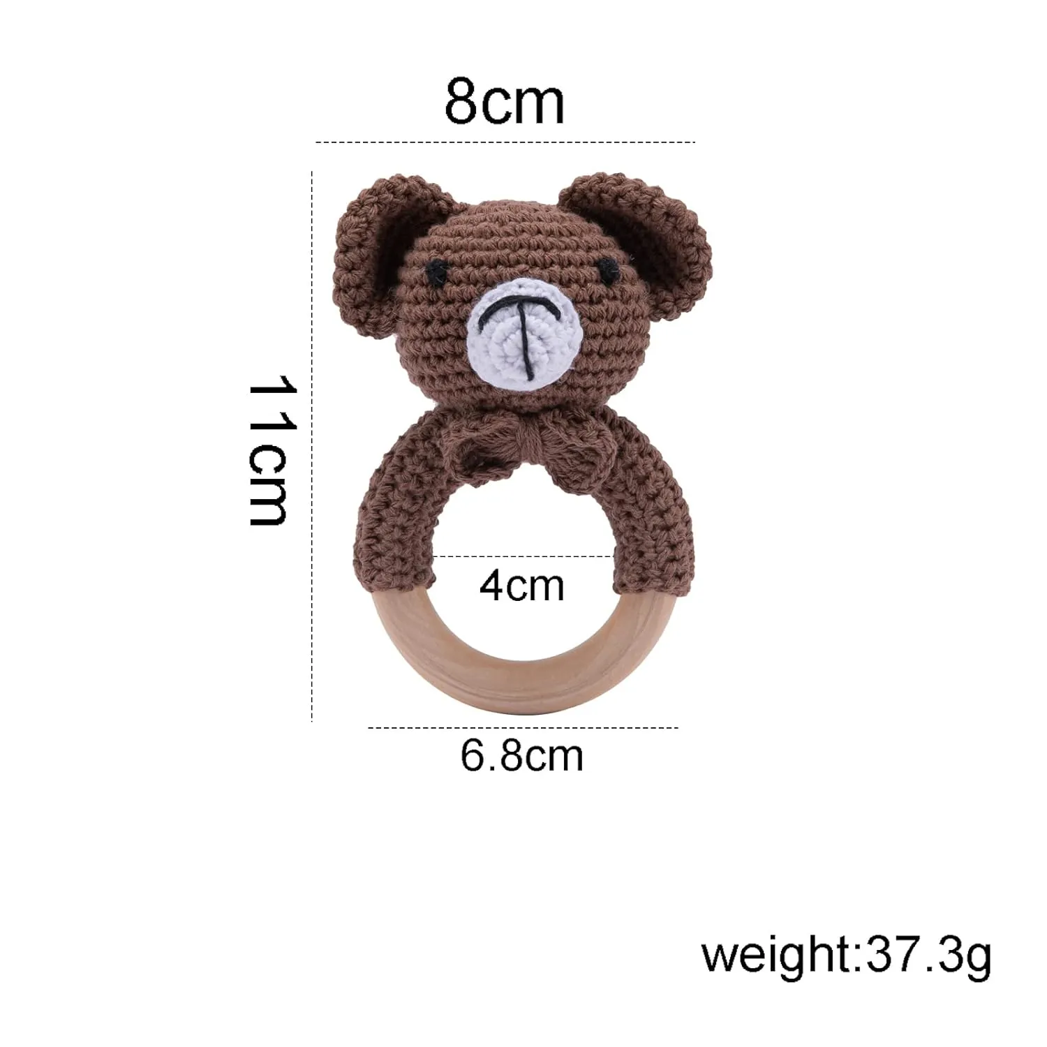 WOODEN TEETHER Crochet Baby Rattle, Crochet Baby Toys, Organic Wooden Newborn Toys, Newborn Animal Rattle Toys，Knitted Stuffed Animals Gifts for Baby, Brown Bear
