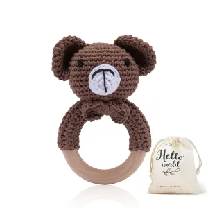 WOODEN TEETHER Crochet Baby Rattle, Crochet Baby Toys, Organic Wooden Newborn Toys, Newborn Animal Rattle Toys，Knitted Stuffed Animals Gifts for Baby, Brown Bear