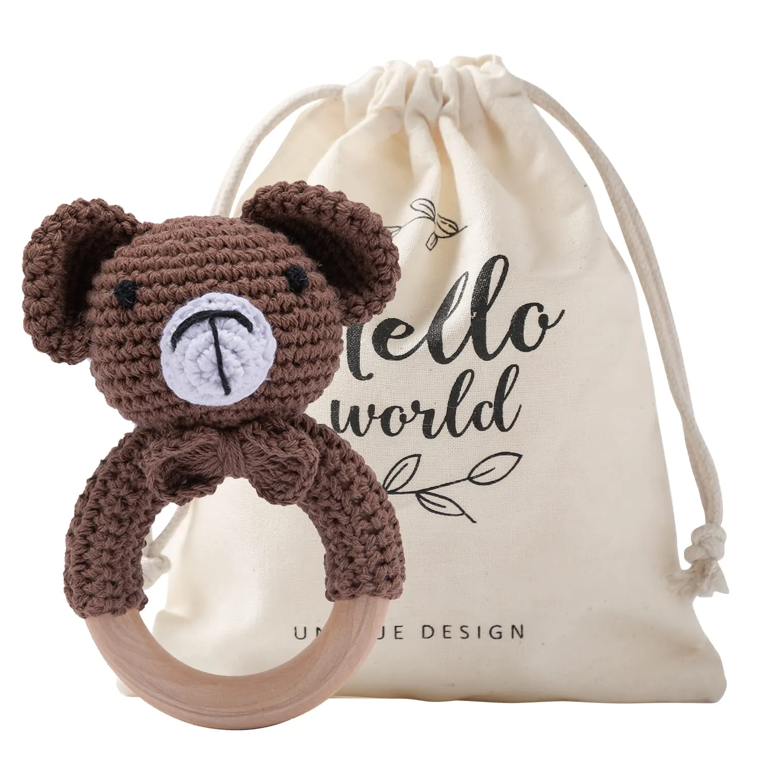 WOODEN TEETHER Crochet Baby Rattle, Crochet Baby Toys, Organic Wooden Newborn Toys, Newborn Animal Rattle Toys，Knitted Stuffed Animals Gifts for Baby, Brown Bear